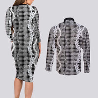 Hawaiian Ohia Lehua Lei Couples Matching Long Sleeve Bodycon Dress and Long Sleeve Button Shirt Plaid Palaka Eleele Pattern - Polynesian Pride