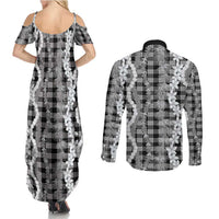 Hawaiian Ohia Lehua Lei Couples Matching Summer Maxi Dress and Long Sleeve Button Shirt Plaid Palaka Eleele Pattern - Polynesian Pride