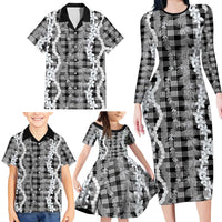 Hawaiian Ohia Lehua Lei Family Matching Long Sleeve Bodycon Dress and Hawaiian Shirt Plaid Palaka Eleele Pattern LT9 - Polynesian Pride
