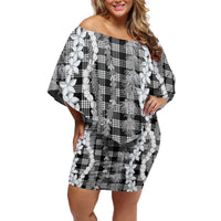 Hawaiian Ohia Lehua Lei Family Matching Off Shoulder Short Dress and Hawaiian Shirt Plaid Palaka Eleele Pattern - Polynesian Pride