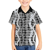 Hawaiian Ohia Lehua Lei Family Matching Off Shoulder Short Dress and Hawaiian Shirt Plaid Palaka Eleele Pattern - Polynesian Pride