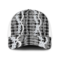 Hawaiian Ohia Lehua Lei Mesh Trucker Cap Plaid Palaka Eleele Pattern - Polynesian Pride
