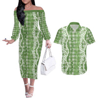 Hawaiian Ohia Lehua Lei Couples Matching Off The Shoulder Long Sleeve Dress and Hawaiian Shirt Plaid Palaka Omaomao Pattern LT9 Green - Polynesian Pride