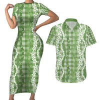 Hawaiian Ohia Lehua Lei Couples Matching Short Sleeve Bodycon Dress and Hawaiian Shirt Plaid Palaka Omaomao Pattern LT9 Green - Polynesian Pride