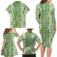 Hawaiian Ohia Lehua Lei Family Matching Long Sleeve Bodycon Dress and Hawaiian Shirt Plaid Palaka Omaomao Pattern LT9 - Polynesian Pride