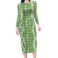 Hawaiian Ohia Lehua Lei Family Matching Long Sleeve Bodycon Dress and Hawaiian Shirt Plaid Palaka Omaomao Pattern LT9 Green - Polynesian Pride