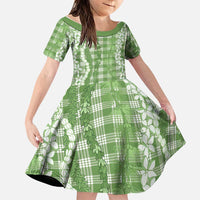 Hawaiian Ohia Lehua Lei Family Matching Off The Shoulder Long Sleeve Dress and Hawaiian Shirt Plaid Palaka Omaomao Pattern LT9 Daughter's Dress Green - Polynesian Pride