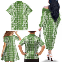 Hawaiian Ohia Lehua Lei Family Matching Off The Shoulder Long Sleeve Dress and Hawaiian Shirt Plaid Palaka Omaomao Pattern LT9 - Polynesian Pride
