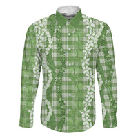 Hawaiian Ohia Lehua Lei Family Matching Off The Shoulder Long Sleeve Dress and Hawaiian Shirt Plaid Palaka Omaomao Pattern LT9 Dad's Shirt - Long Sleeve Green - Polynesian Pride
