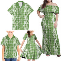 Hawaiian Ohia Lehua Lei Family Matching Off Shoulder Maxi Dress and Hawaiian Shirt Plaid Palaka Omaomao Pattern LT9 - Polynesian Pride