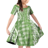 Hawaiian Ohia Lehua Lei Family Matching Off Shoulder Short Dress and Hawaiian Shirt Plaid Palaka Omaomao Pattern LT9 Daughter's Dress Green - Polynesian Pride