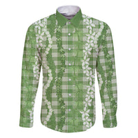Hawaiian Ohia Lehua Lei Family Matching Puletasi and Hawaiian Shirt Plaid Palaka Omaomao Pattern LT9 Dad's Shirt - Long Sleeve Green - Polynesian Pride