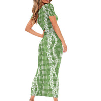Hawaiian Ohia Lehua Lei Family Matching Short Sleeve Bodycon Dress and Hawaiian Shirt Plaid Palaka Omaomao Pattern - Polynesian Pride