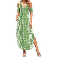 Hawaiian Ohia Lehua Lei Family Matching Summer Maxi Dress and Hawaiian Shirt Plaid Palaka Omaomao Pattern LT9 Green - Polynesian Pride
