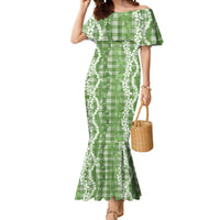 Hawaiian Ohia Lehua Lei Mermaid Dress Plaid Palaka Omaomao Pattern - Polynesian Pride