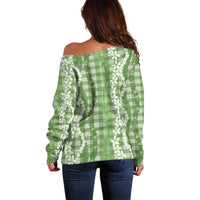 Hawaiian Ohia Lehua Lei Off Shoulder Sweater Plaid Palaka Omaomao Pattern - Polynesian Pride
