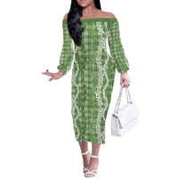 Hawaiian Ohia Lehua Lei Off The Shoulder Long Sleeve Dress Plaid Palaka Omaomao Pattern - Polynesian Pride
