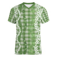 Hawaiian Ohia Lehua Lei Women V-Neck T-Shirt Plaid Palaka Omaomao Pattern - Polynesian Pride