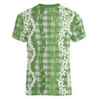 Hawaiian Ohia Lehua Lei Women V-Neck T-Shirt Plaid Palaka Omaomao Pattern - Polynesian Pride