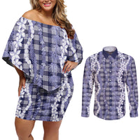 Hawaiian Ohia Lehua Lei Couples Matching Off Shoulder Short Dress and Long Sleeve Button Shirt Plaid Palaka Uliuli hohonu Pattern - Polynesian Pride