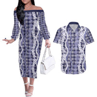 Hawaiian Ohia Lehua Lei Couples Matching Off The Shoulder Long Sleeve Dress and Hawaiian Shirt Plaid Palaka Uliuli hohonu Pattern LT9 Navy - Polynesian Pride