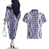 Hawaiian Ohia Lehua Lei Couples Matching Off The Shoulder Long Sleeve Dress and Hawaiian Shirt Plaid Palaka Uliuli hohonu Pattern LT9 - Polynesian Pride