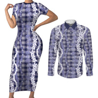 Hawaiian Ohia Lehua Lei Couples Matching Short Sleeve Bodycon Dress and Long Sleeve Button Shirt Plaid Palaka Uliuli hohonu Pattern - Polynesian Pride