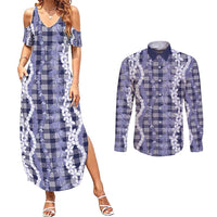 Hawaiian Ohia Lehua Lei Couples Matching Summer Maxi Dress and Long Sleeve Button Shirt Plaid Palaka Uliuli hohonu Pattern - Polynesian Pride
