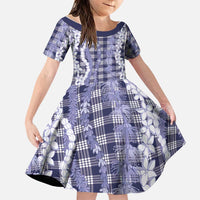 Hawaiian Ohia Lehua Lei Family Matching Long Sleeve Bodycon Dress and Hawaiian Shirt Plaid Palaka Uliuli hohonu Pattern LT9 Daughter's Dress Navy - Polynesian Pride