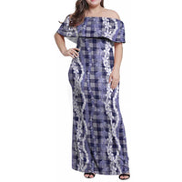 Hawaiian Ohia Lehua Lei Family Matching Off Shoulder Maxi Dress and Hawaiian Shirt Plaid Palaka Uliuli hohonu Pattern LT9 Navy - Polynesian Pride