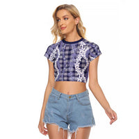 Hawaiian Ohia Lehua Lei Raglan Cropped T Shirt Plaid Palaka Uliuli hohonu Pattern - Polynesian Pride