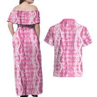 Hawaiian Ohia Lehua Lei Couples Matching Off Shoulder Maxi Dress and Hawaiian Shirt Plaid Palaka Akala Pattern - Polynesian Pride