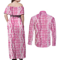 Hawaiian Ohia Lehua Lei Couples Matching Off Shoulder Maxi Dress and Long Sleeve Button Shirt Plaid Palaka Akala Pattern - Polynesian Pride