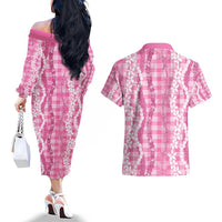 Hawaiian Ohia Lehua Lei Couples Matching Off The Shoulder Long Sleeve Dress and Hawaiian Shirt Plaid Palaka Akala Pattern - Polynesian Pride