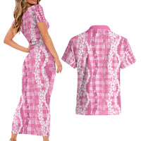 Hawaiian Ohia Lehua Lei Couples Matching Short Sleeve Bodycon Dress and Hawaiian Shirt Plaid Palaka Akala Pattern - Polynesian Pride