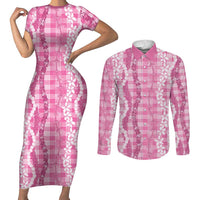 Hawaiian Ohia Lehua Lei Couples Matching Short Sleeve Bodycon Dress and Long Sleeve Button Shirt Plaid Palaka Akala Pattern - Polynesian Pride