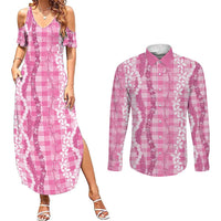 Hawaiian Ohia Lehua Lei Couples Matching Summer Maxi Dress and Long Sleeve Button Shirt Plaid Palaka Akala Pattern - Polynesian Pride