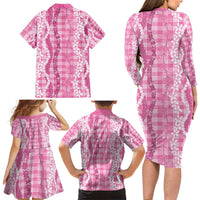 Hawaiian Ohia Lehua Lei Family Matching Long Sleeve Bodycon Dress and Hawaiian Shirt Plaid Palaka Akala Pattern LT9 - Polynesian Pride