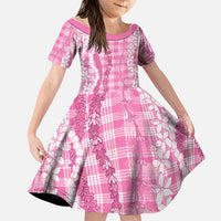 Hawaiian Ohia Lehua Lei Family Matching Mermaid Dress and Hawaiian Shirt Plaid Palaka Akala Pattern LT9 Daughter's Dress Pink - Polynesian Pride