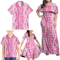 Hawaiian Ohia Lehua Lei Family Matching Off Shoulder Maxi Dress and Hawaiian Shirt Plaid Palaka Akala Pattern LT9 - Polynesian Pride