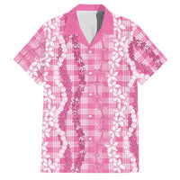 Hawaiian Ohia Lehua Lei Family Matching Off Shoulder Maxi Dress and Hawaiian Shirt Plaid Palaka Akala Pattern LT9 Dad's Shirt - Short Sleeve Pink - Polynesian Pride