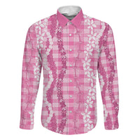 Hawaiian Ohia Lehua Lei Family Matching Off Shoulder Maxi Dress and Hawaiian Shirt Plaid Palaka Akala Pattern LT9 Dad's Shirt - Long Sleeve Pink - Polynesian Pride