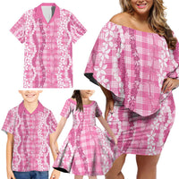 Hawaiian Ohia Lehua Lei Family Matching Off Shoulder Short Dress and Hawaiian Shirt Plaid Palaka Akala Pattern LT9 - Polynesian Pride