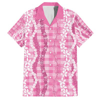 Hawaiian Ohia Lehua Lei Family Matching Off Shoulder Short Dress and Hawaiian Shirt Plaid Palaka Akala Pattern LT9 Dad's Shirt - Short Sleeve Pink - Polynesian Pride