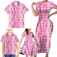Hawaiian Ohia Lehua Lei Family Matching Short Sleeve Bodycon Dress and Hawaiian Shirt Plaid Palaka Akala Pattern - Polynesian Pride