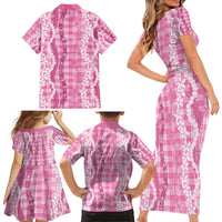 Hawaiian Ohia Lehua Lei Family Matching Short Sleeve Bodycon Dress and Hawaiian Shirt Plaid Palaka Akala Pattern - Polynesian Pride