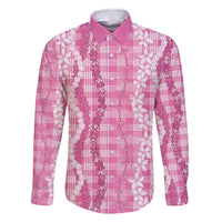 Hawaiian Ohia Lehua Lei Family Matching Summer Maxi Dress and Hawaiian Shirt Plaid Palaka Akala Pattern LT9 Dad's Shirt - Long Sleeve Pink - Polynesian Pride