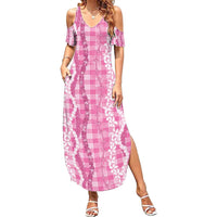 Hawaiian Ohia Lehua Lei Family Matching Summer Maxi Dress and Hawaiian Shirt Plaid Palaka Akala Pattern LT9 Pink - Polynesian Pride