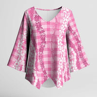 Hawaiian Ohia Lehua Lei Kimono Sleeve Blouse Plaid Palaka Akala Pattern - Polynesian Pride