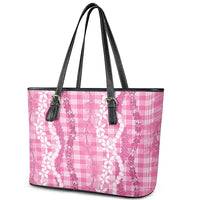 Hawaiian Ohia Lehua Lei Leather Tote Bag Plaid Palaka Akala Pattern - Polynesian Pride